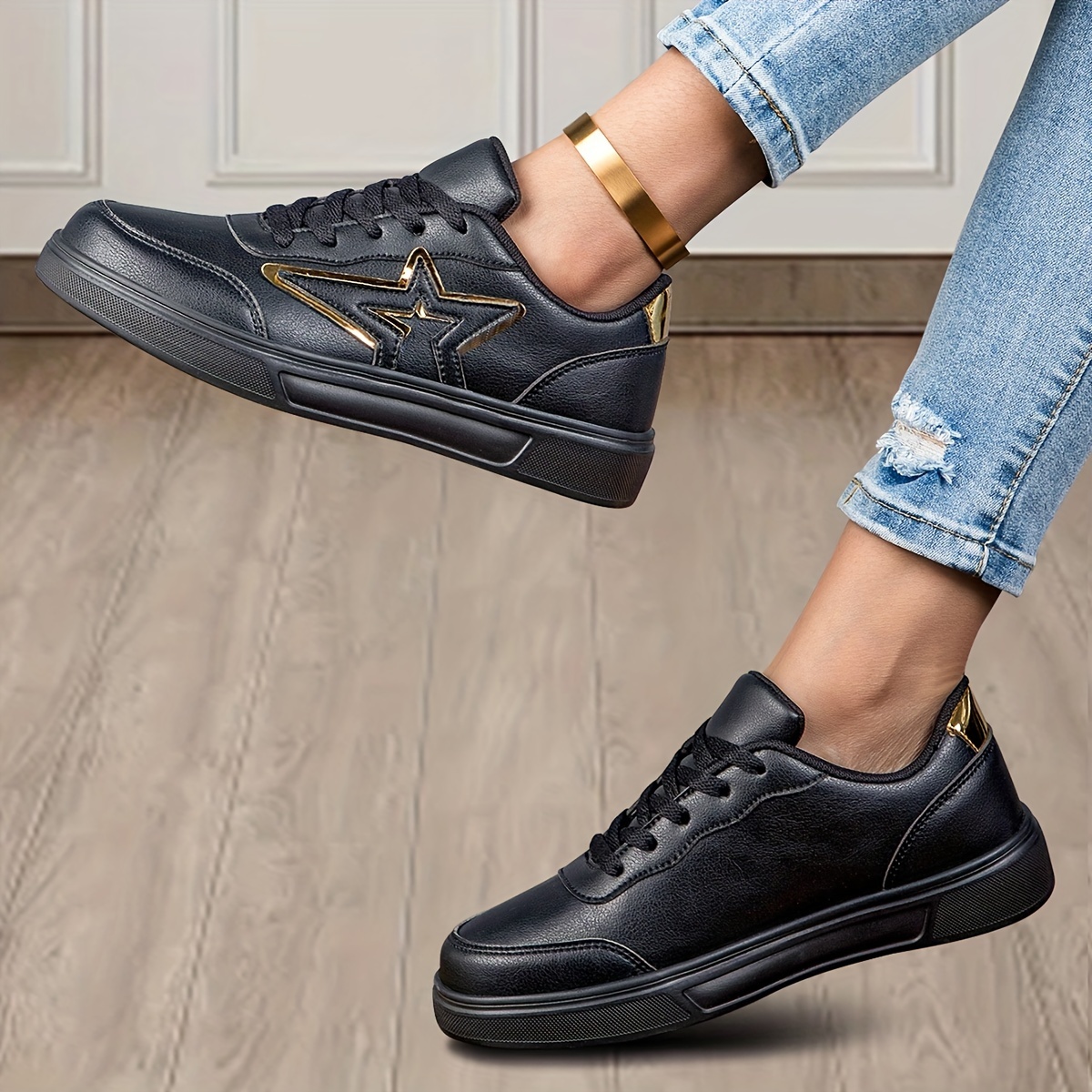 women s chic black sneakers star pattern lace Temu