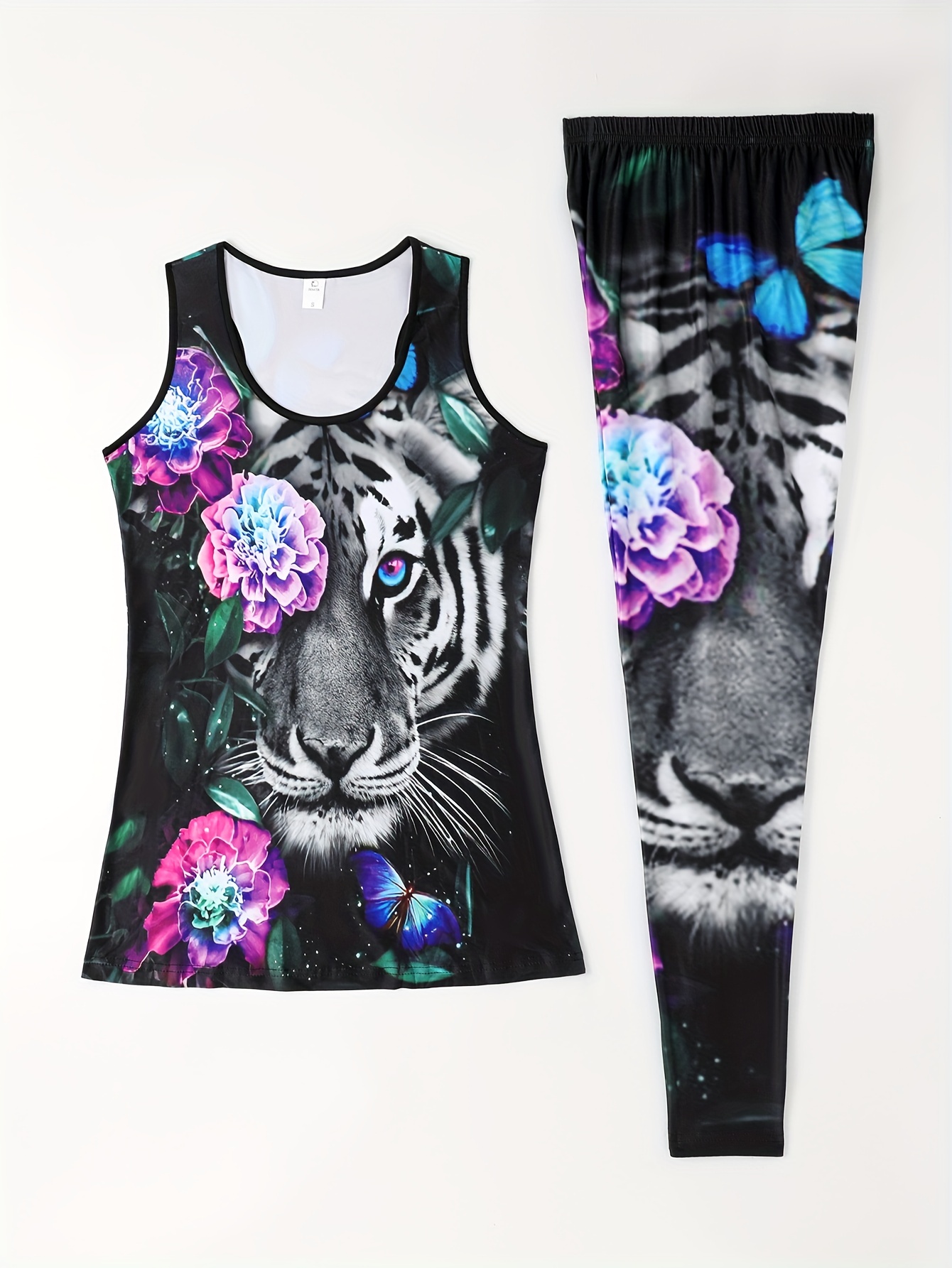 Floral Tiger Print Two piece Set Crew Neck Racerback Tank - Temu