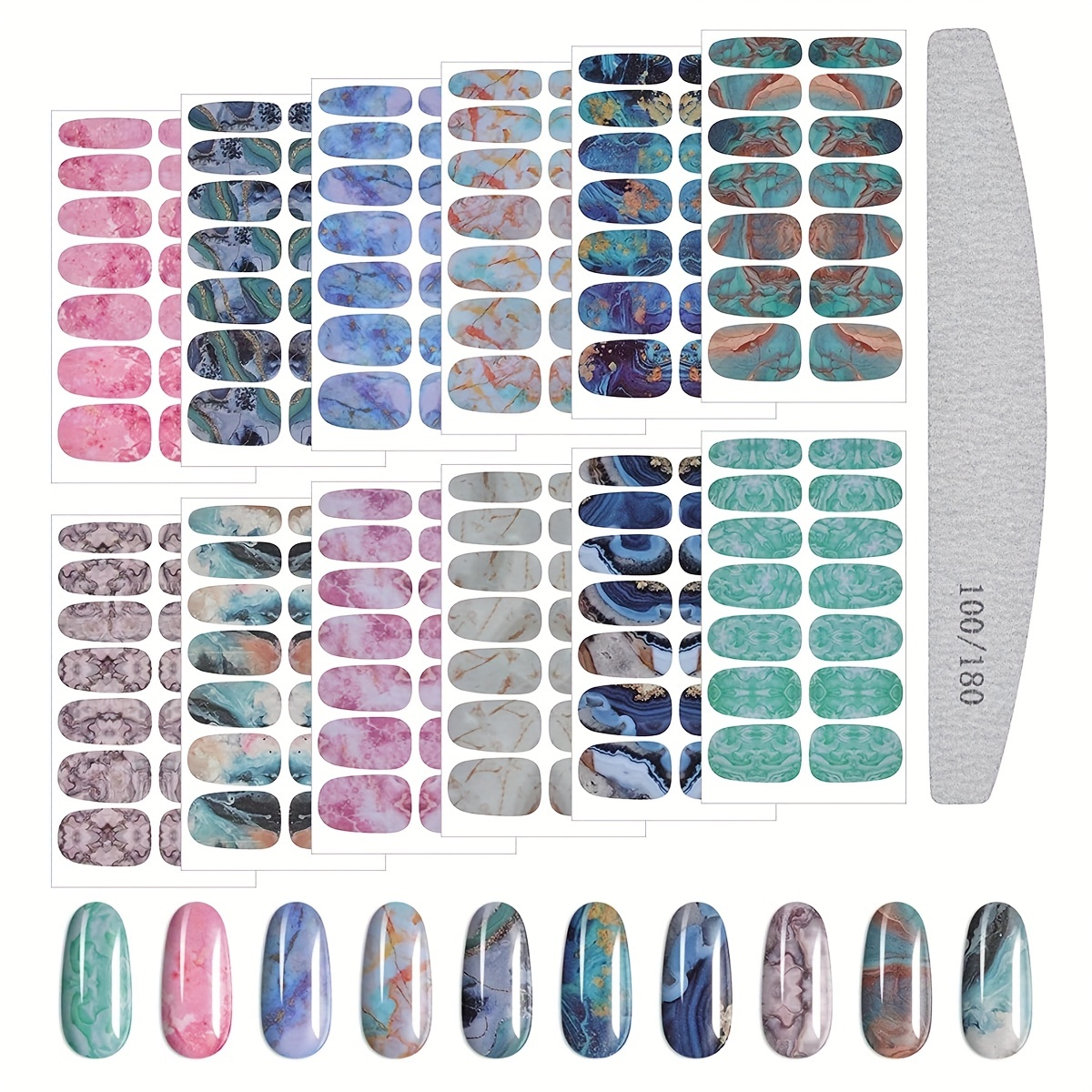 

12 Sheets Marble Nail Art Polish Stickers Full Wrap Strips, Self-adhesive Nail Polish Stickers Decal Marble Printed Full Wraps Strips Nail Art Polish Decals With Nail File