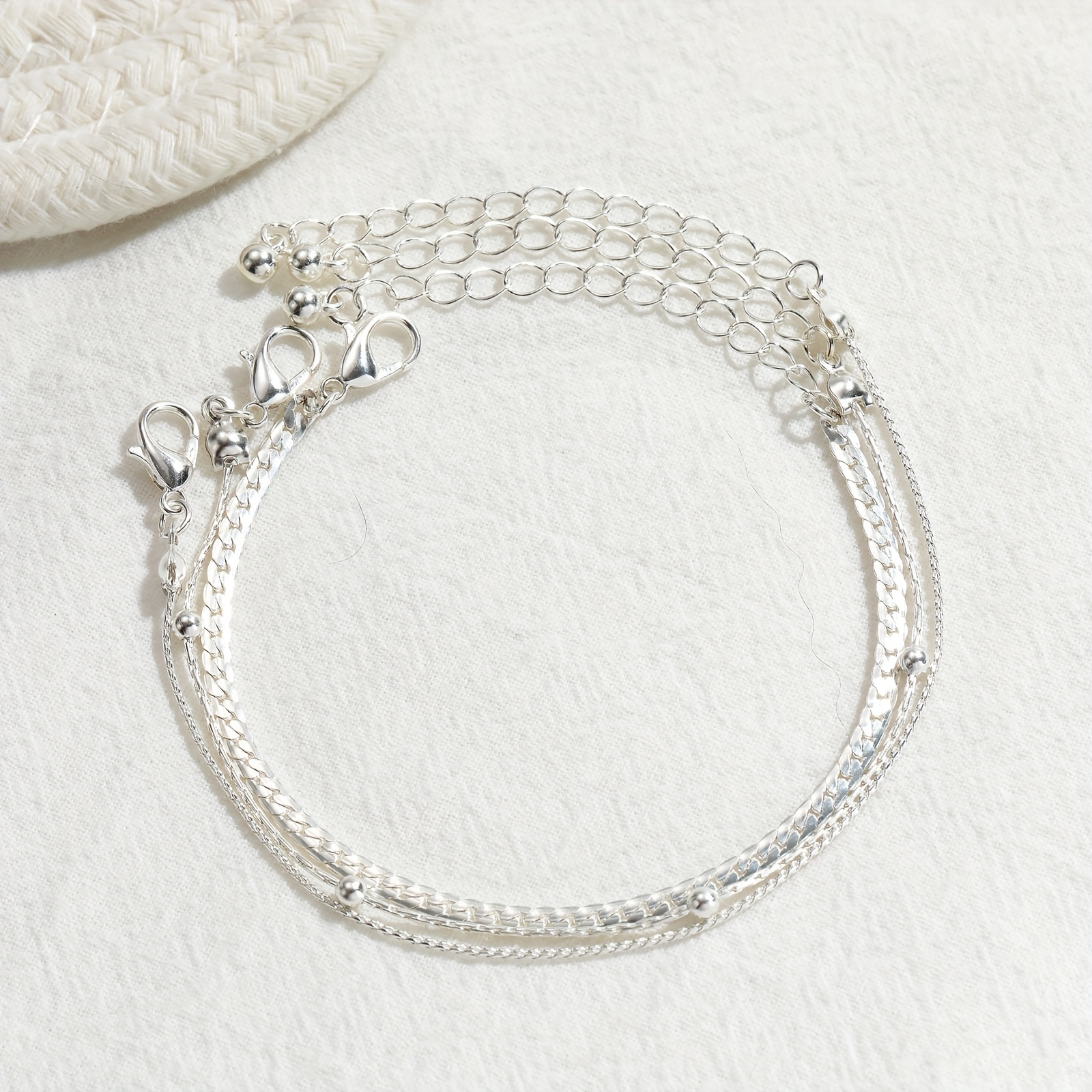 3pcs Silvery Anklets Bead Chains & Flat Snake Chains