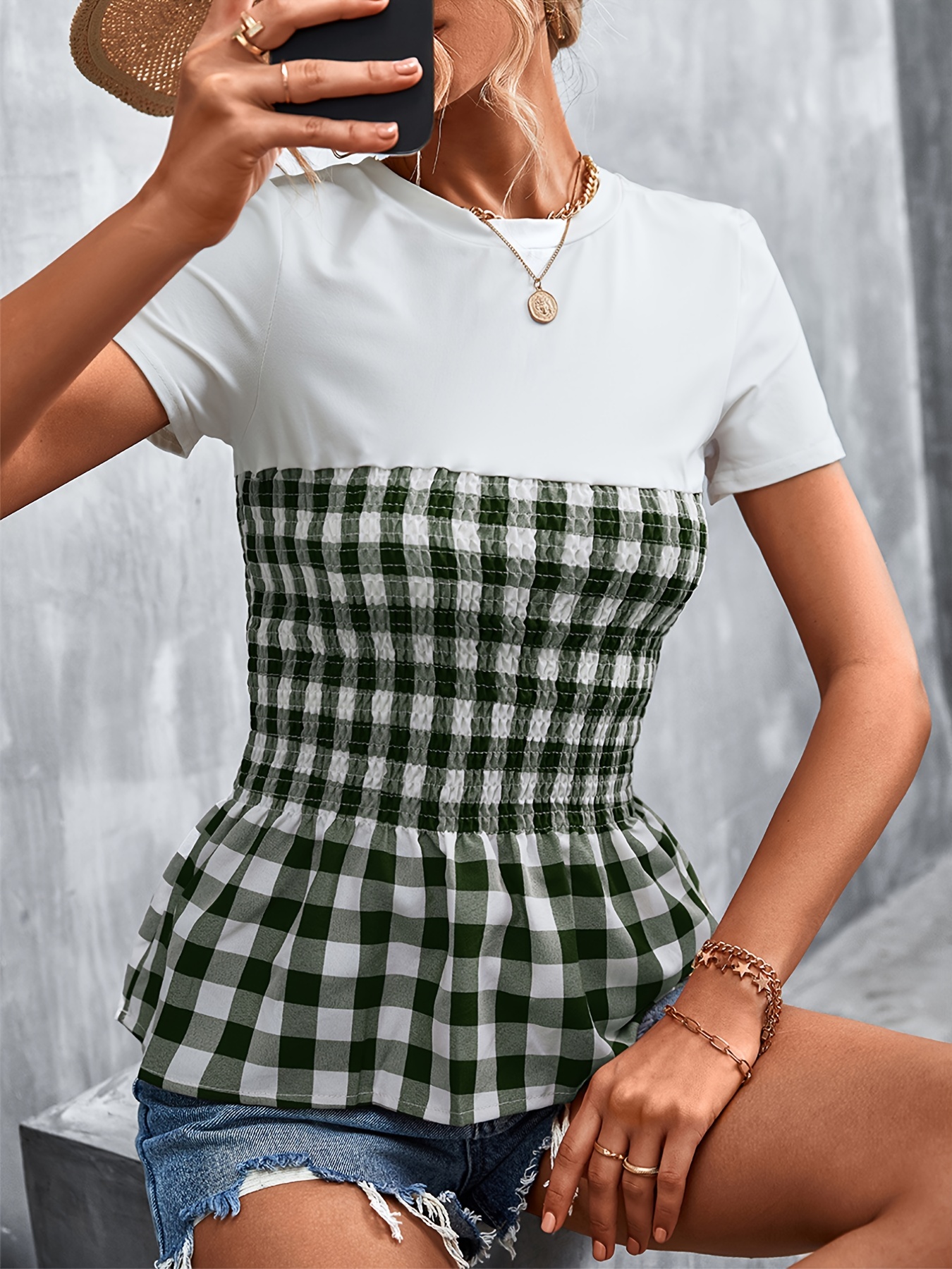 Plaid Two Tone Crew Neck T shirt Gingham Print Contrast - Temu Canada