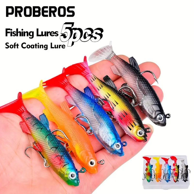 Proberos 5pcs Soft Fishing Lures Kit With Treble Hook -13.5g/0.47oz Ideal  For Saltwater And Freshwater Fishing