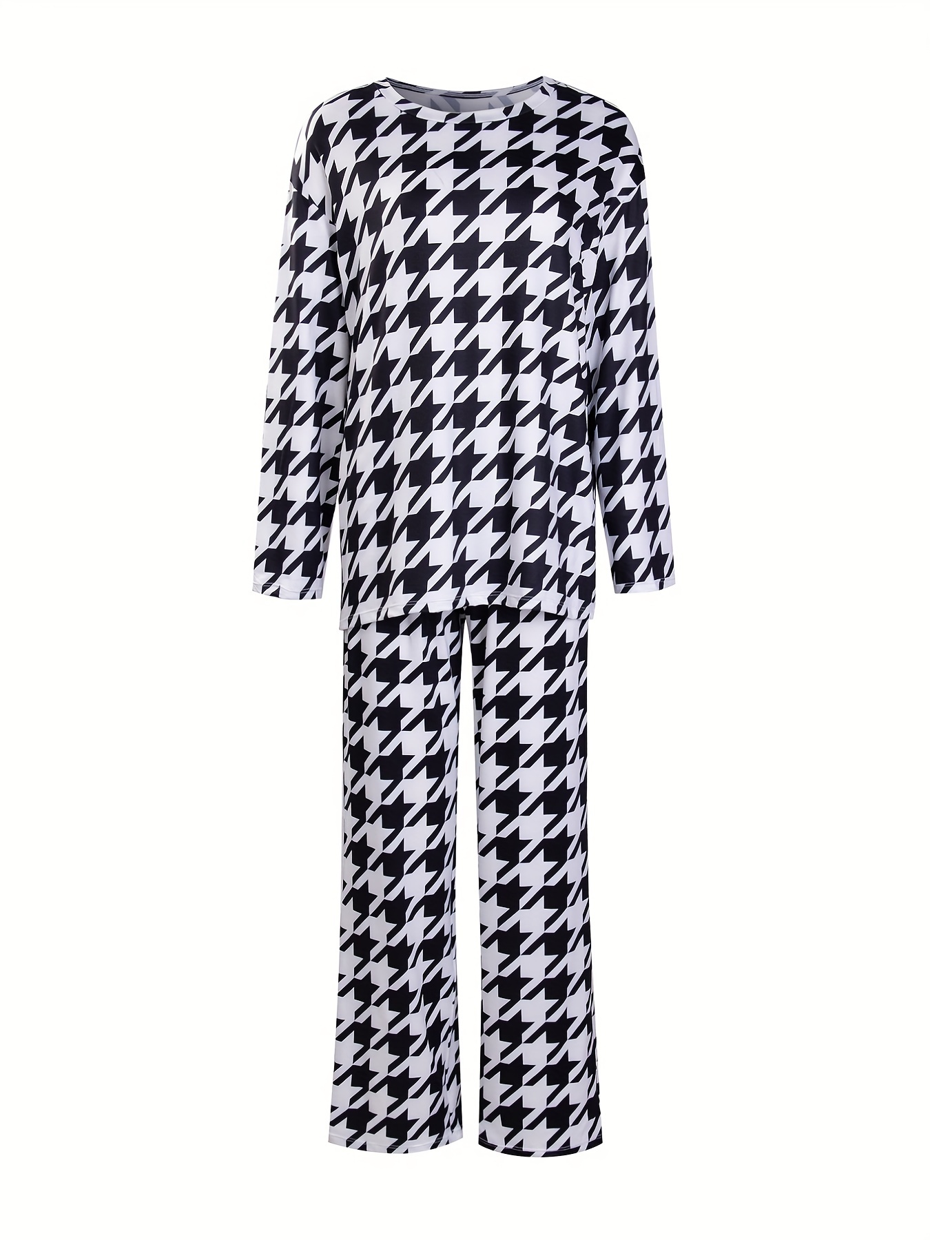 Houndstooth Print Pajama Set Casual Long Sleeve Crew Neck - Temu