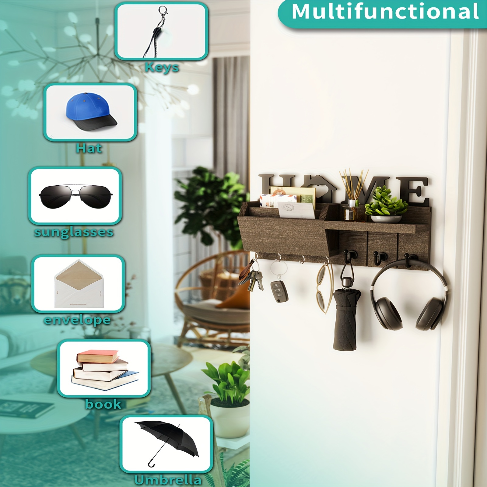 Wooden Wall-Mounted Key Holder Set with 7 Hooks for Keys and Mail