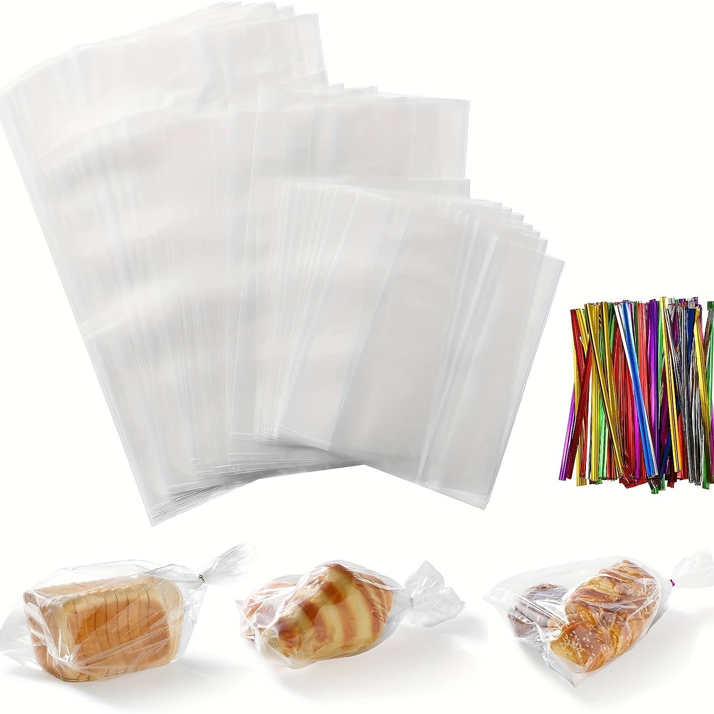 100 bolsas de pan con lazos, bolsas de pan transparentes con fuelle de 8 x  18 pulgadas para pan casero y pan de panadería
