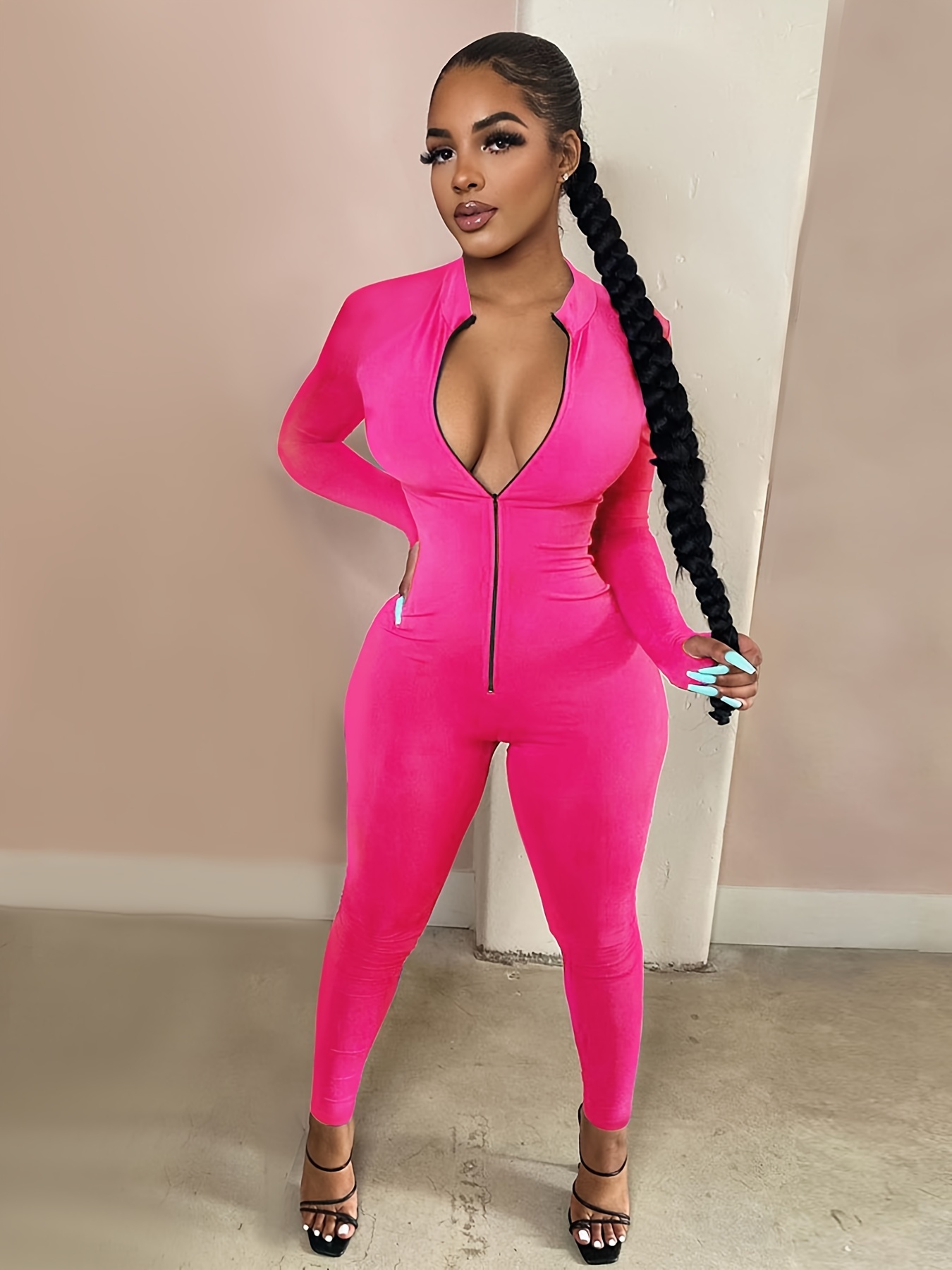 Women's Sexy Bodycon Zip Jumpsuit Solid Long Sleeve Stretchy