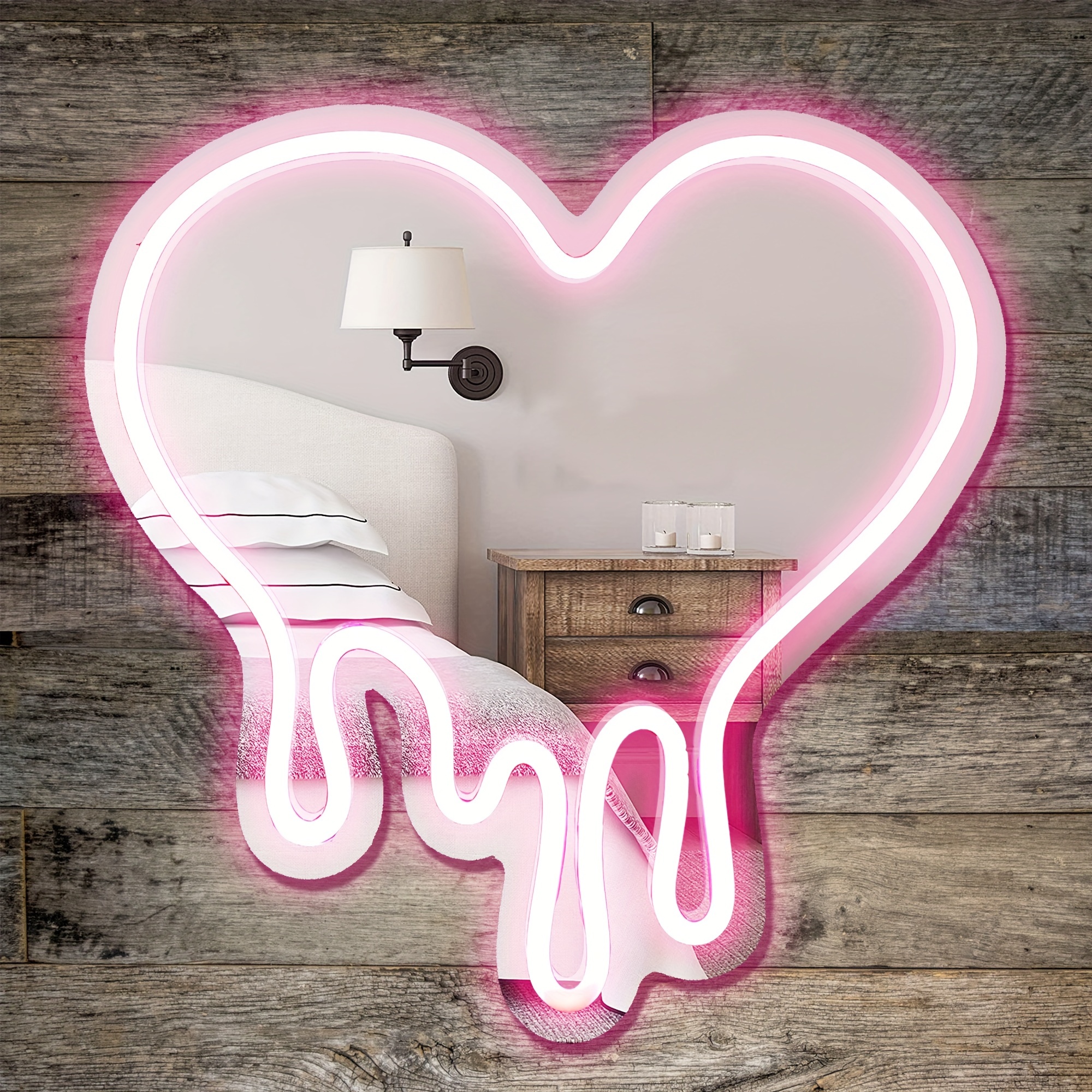 Decoración Pared Espejo Corazón Rosa Luces Espejo Neón - Temu