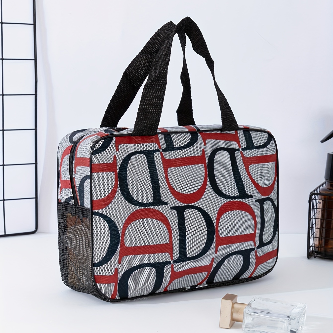 

Letter D Pattern Large Capacity Lightweight Storage Bag, Reusable Portable Multifunction Handbag Cosmetic Bag, Zipper Travel Wash Bag Toiletry Cloth Bag