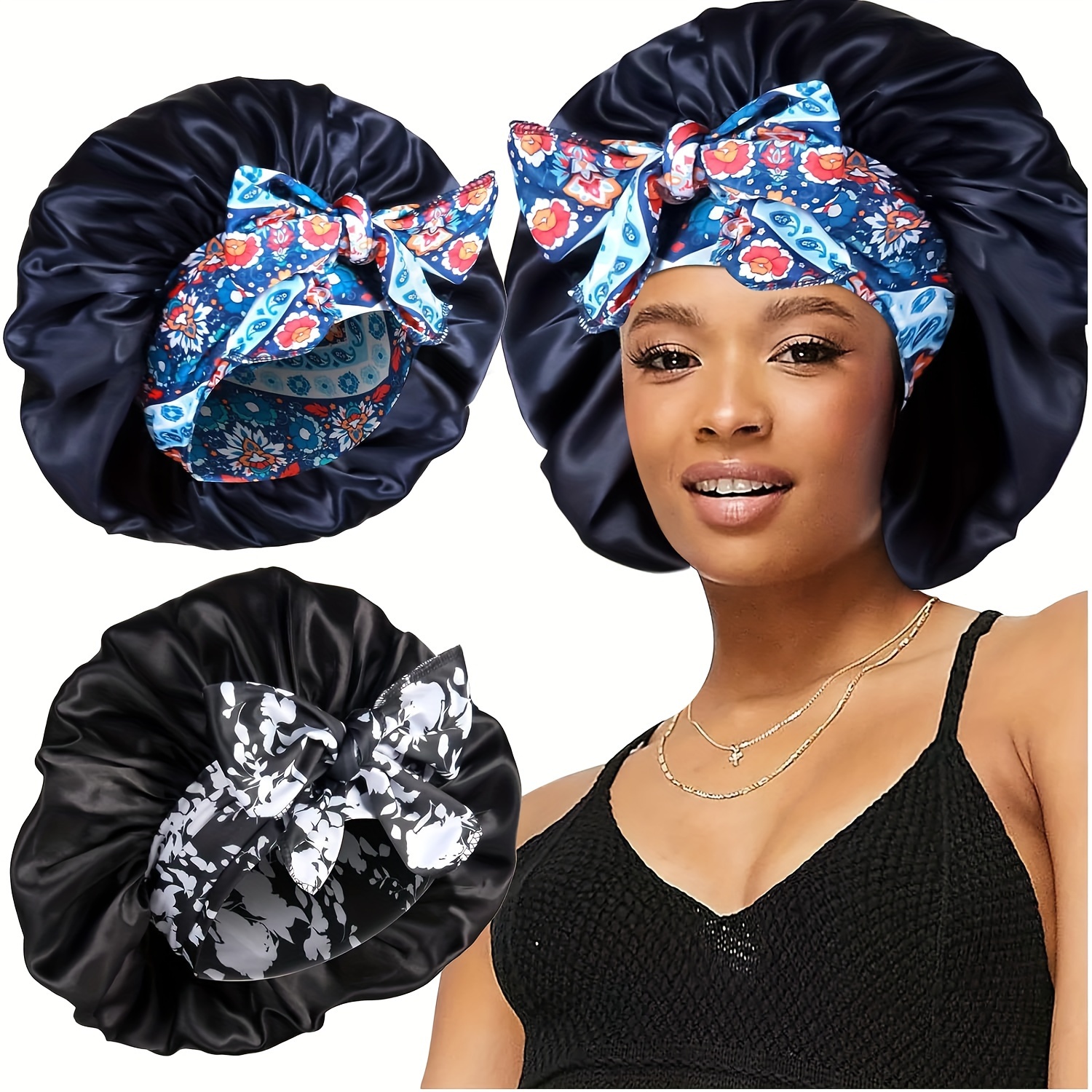 2pcs/set Élégant Satin Bonnet Imprimé Fleur Bande Noeud Papillon