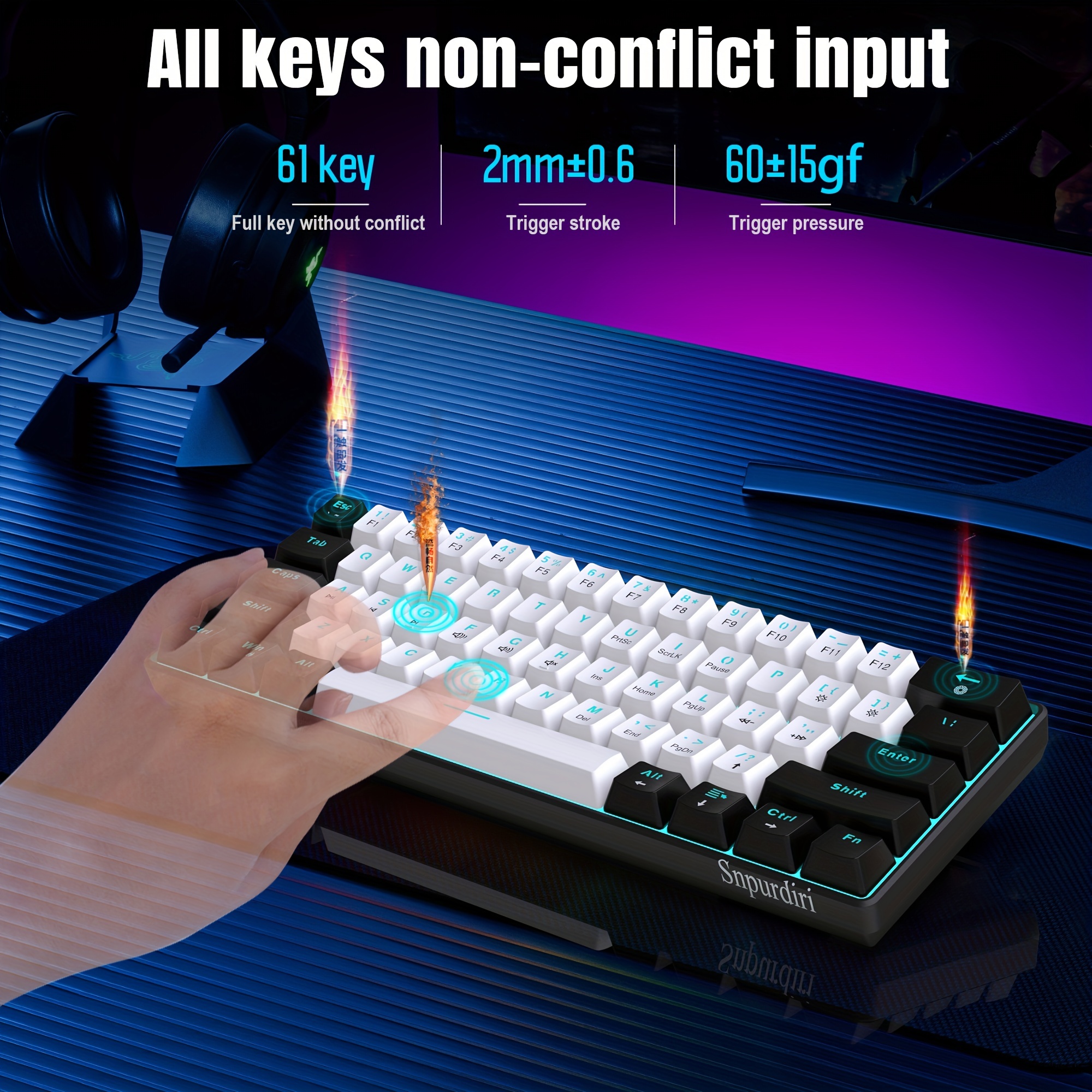  TECURS 60% Gaming Keyboard Mechanical Led Wired Keyboard Mini  61 Key Compact Gamer Keyboard Clicky with Blue Switch for Computer PC  Laptop : Video Games