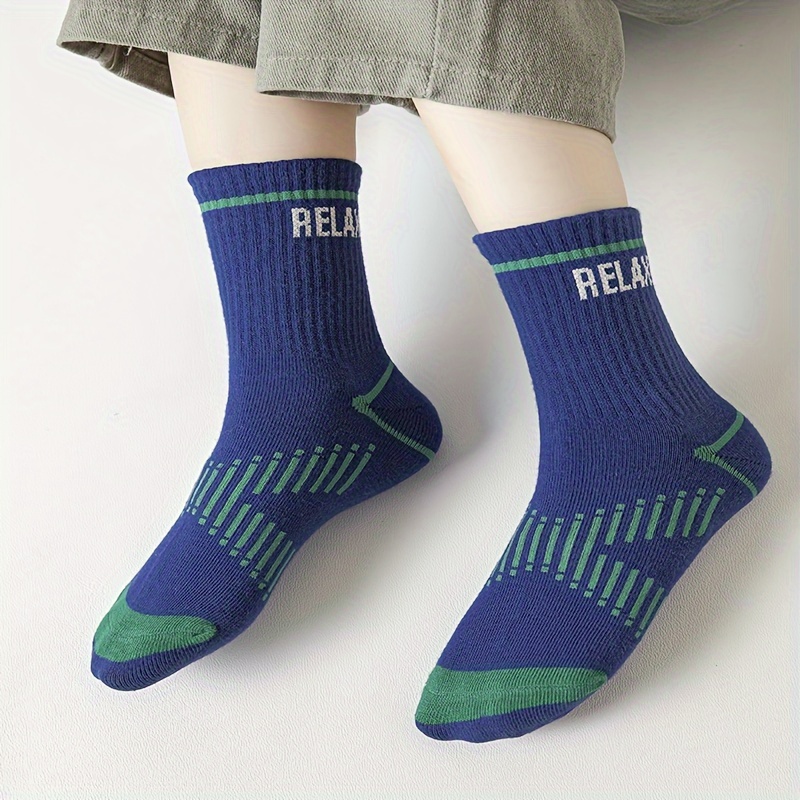 5 Pairs Boy's Striped Letter Crew Socks Cotton Blend Comfy Casual Style