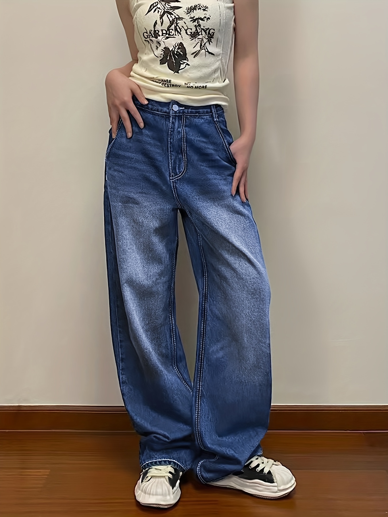 Straight Wide Leg Vintage 90s Jeans, Women High Waist Loose Wash Denim  Trousers, Y2k Baggy Casual Comfy Streetwear Jeans - Temu