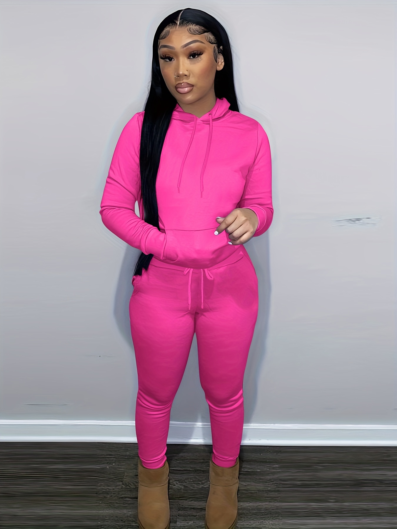 Women Solid Pink Tracksuit Casual Outfit Pants Long Sleeve athleisure  Clothing