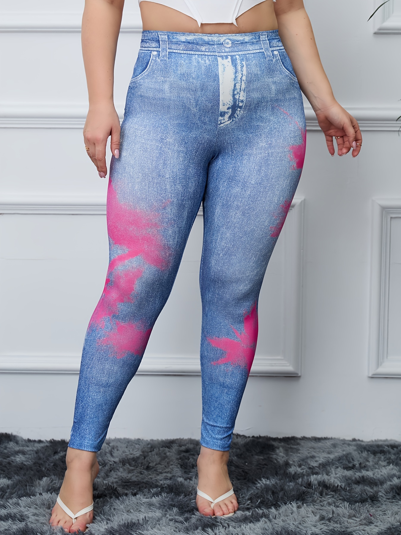 Plus Size Painting & Denim Print High * Lggings, Women's Plus Slight  Stretch Casual Skinny Leggings