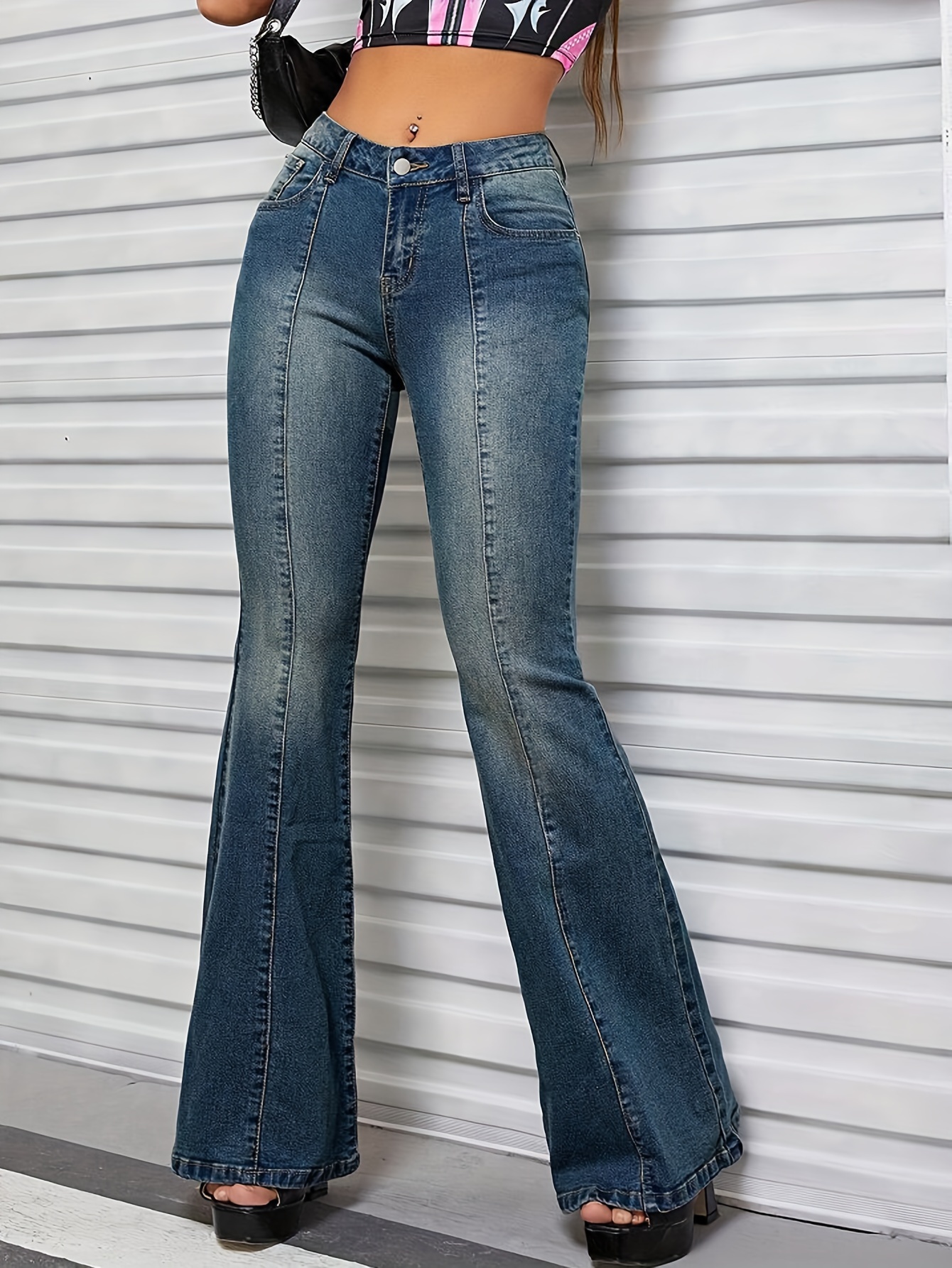 Dark Blue Split Flare Jeans, Ripped Holes Slight Stretch Distressed Bell  Bottom Jeans, Women's Denim Jeans & Clothing