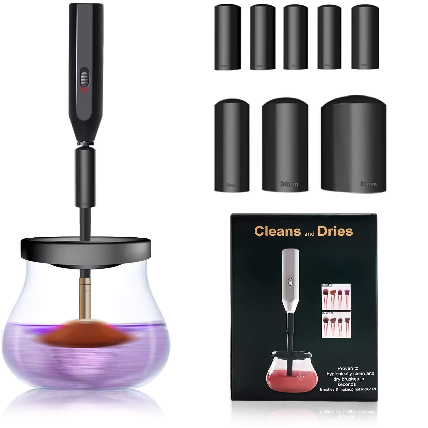 

Electric Makeup Brush Cleaner And Dryer - Quick And Easy Cleaning And Drying In 1 Minute - 8 Rubber Tube Sleeves For Optimal Brush Care