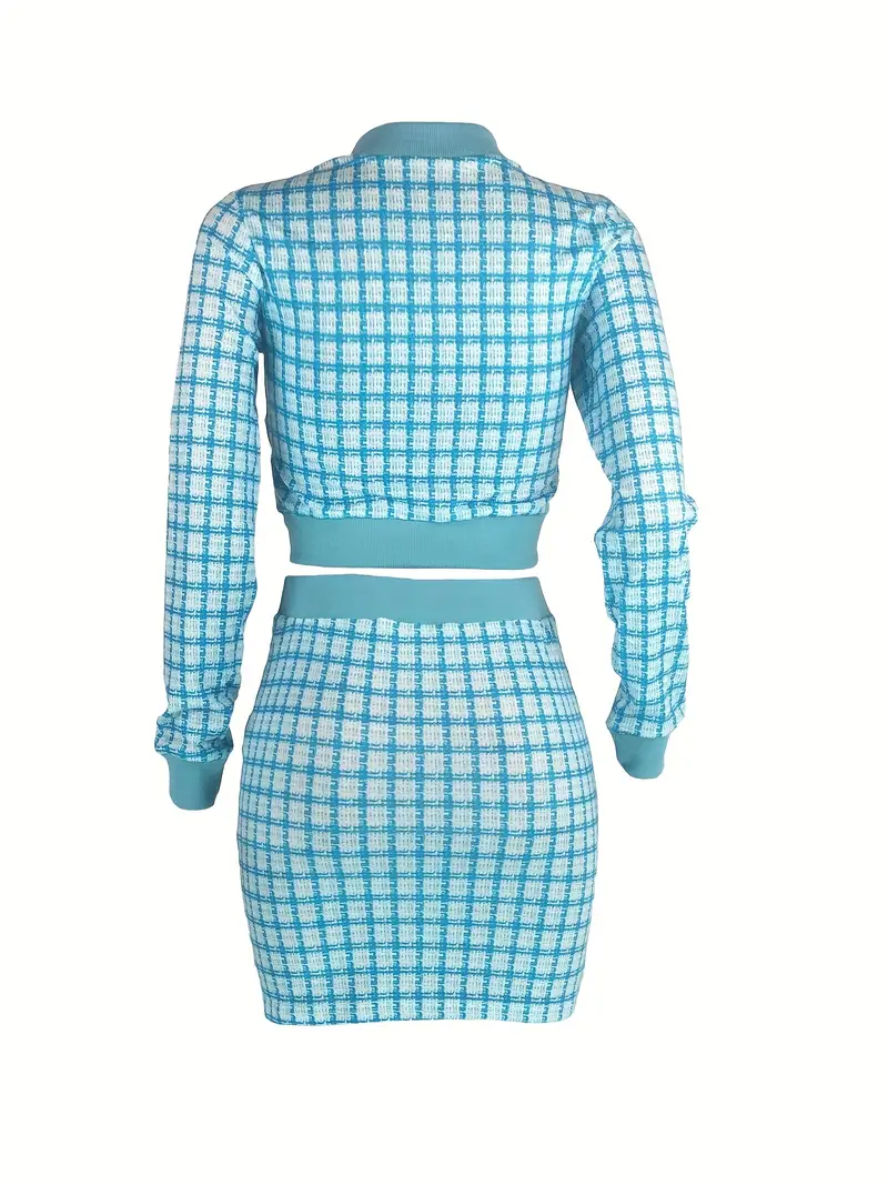 elegant plaid matching two piece set crop zip up jacket bodycon skirt outfits womens clothing details 17