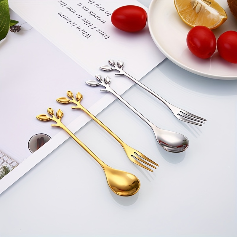 1pc Stainless Steel Branch Spoon Leaf Spoon Stainless Steel Fork Fruit Fork Cake