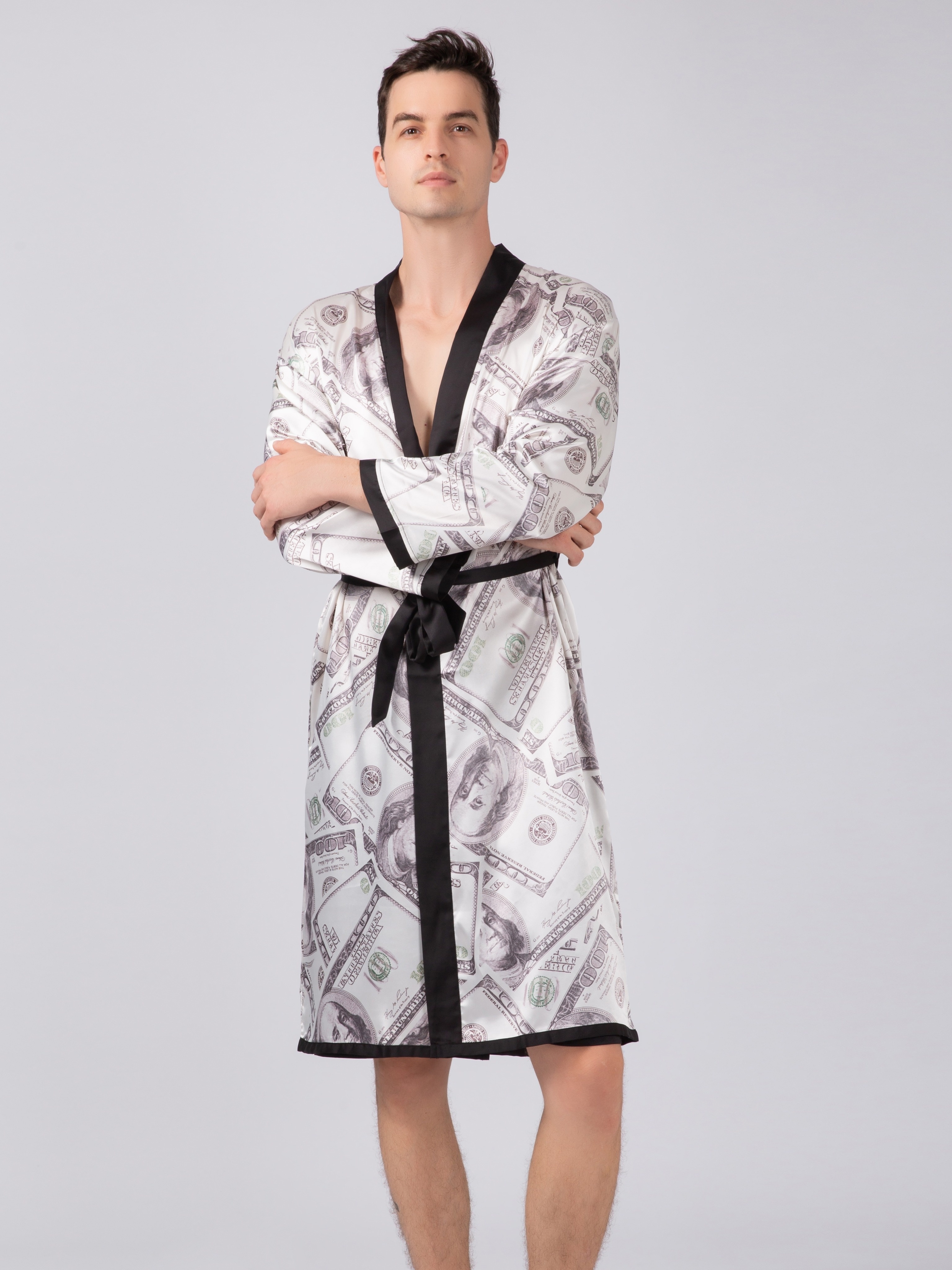 Men's Golden Chain Print Long Sleeve Bathrobe Homewear - Temu