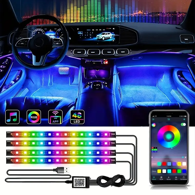 Smart App Control: Create a Colorful, Music-Synced Ambience in Your Car  with 4Pcs RGB LED Strip Lights!