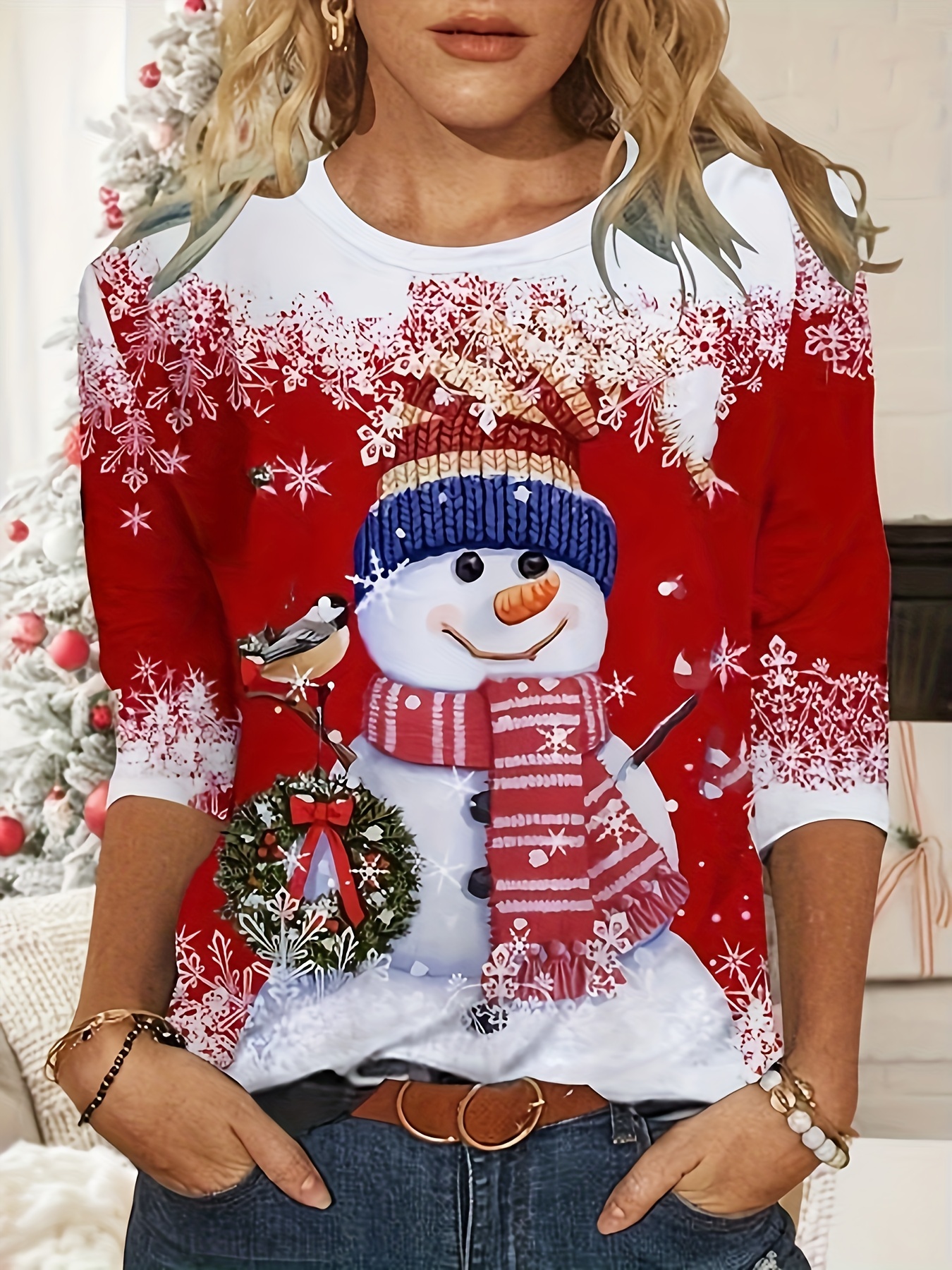 Plus Size Christmas Casual T-shirt, Women's Plus Snowman & Wreath Print  Long Sleeve Round Neck Slight Stretch Top