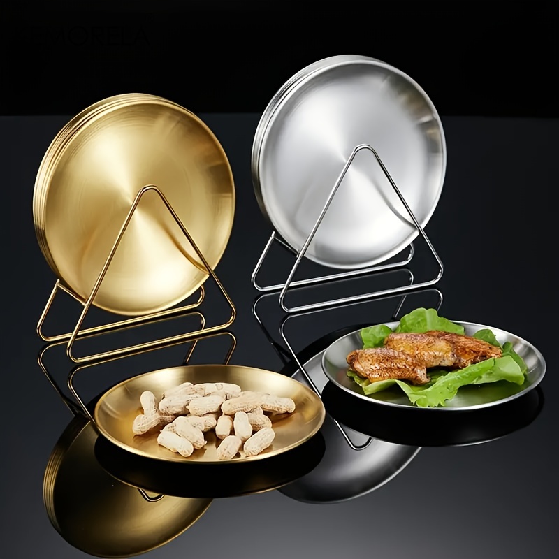 

6pcs Stainless Steel Dinner Plate, Light Round Plate, Food Grade Barbecue Hot Pot, Rotisserie Spit Bone Dish, Commercial Dish, Small Plate Set With Storage Rack