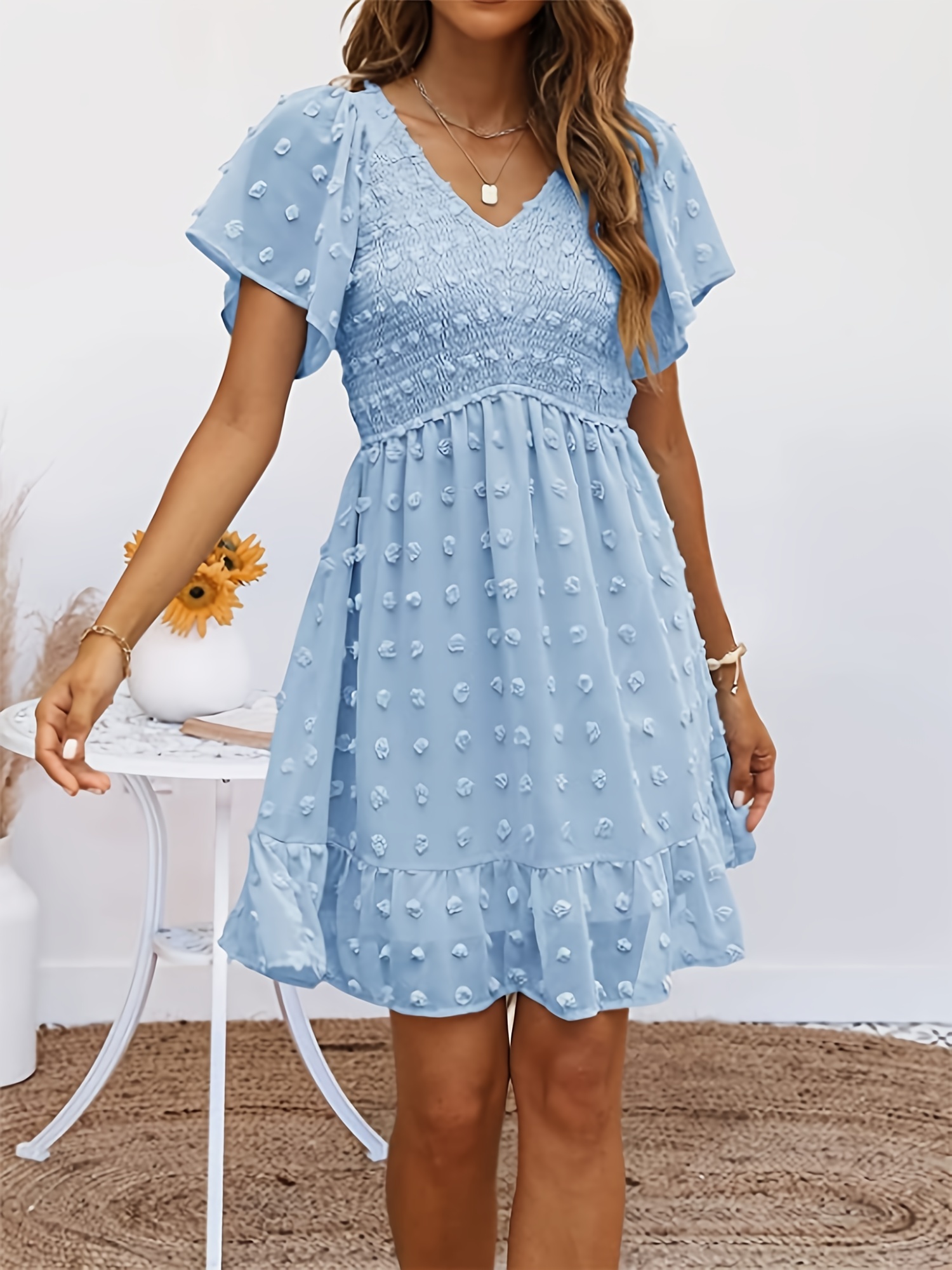 Elegant Ruffle Mini Dress Dot Flutter Sleeve Solid V - Temu Canada