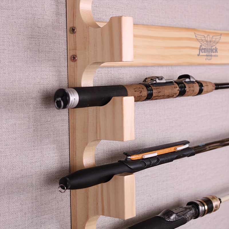 Wooden Fishing Pole Holder, Vertical Solid Cherry Wood Wall Mount Rod Rack