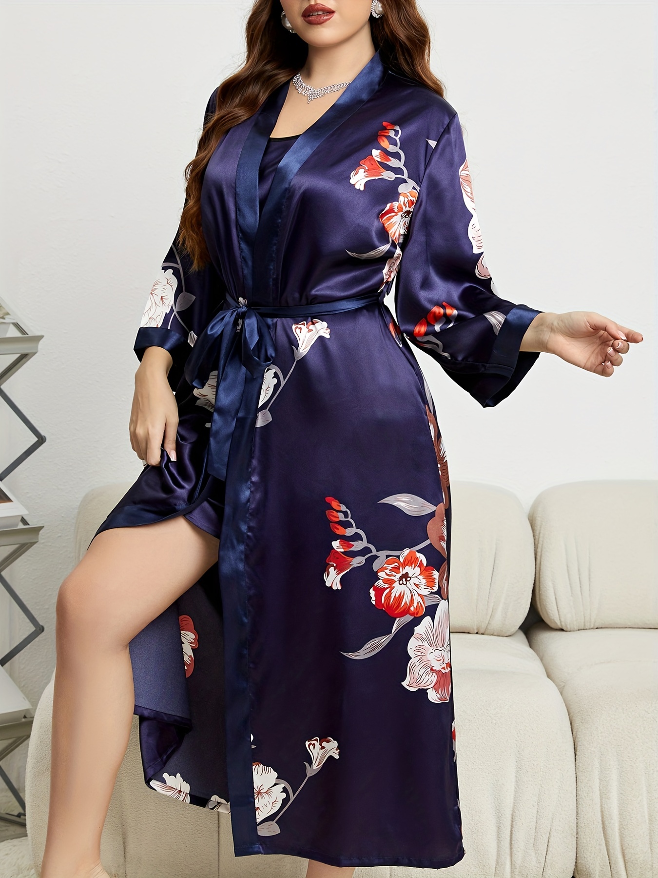 Plus Size Floral Print Long Sleeve Robe With Belt, Women's Plus V Neck  Nightgown, Loungewear