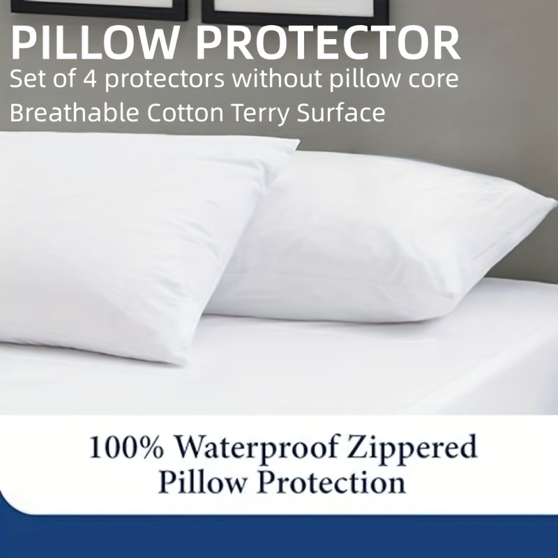 

4pcs Protecteurs D'oreiller En Tissu Éponge Frais En Coton De Haute Qualité, Imperméables, Respirants Et Confortables