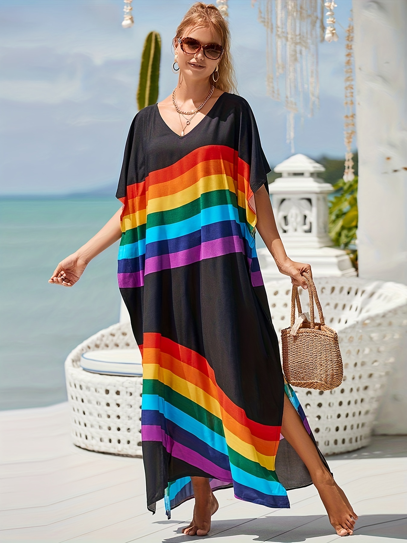 Plus Size Casual Cover Up Dress Womens Plus Rainbow Color Stripe Bat Sleeve V Neck Stretch Up Dress - Curve Clothing - Temu