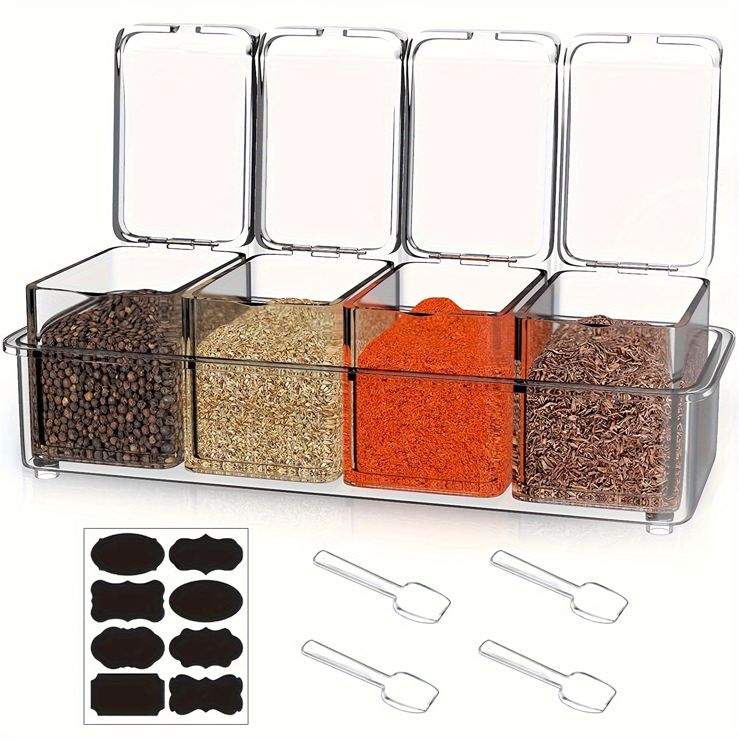 1 Set Clear Seasoning Box Set 4pcs Clear Seasoning Storage Container With  Spoon Clear Seasoning Rack Spice Pots For Pepper Spice Salt Sugar Storage,  Kitchen Stuff