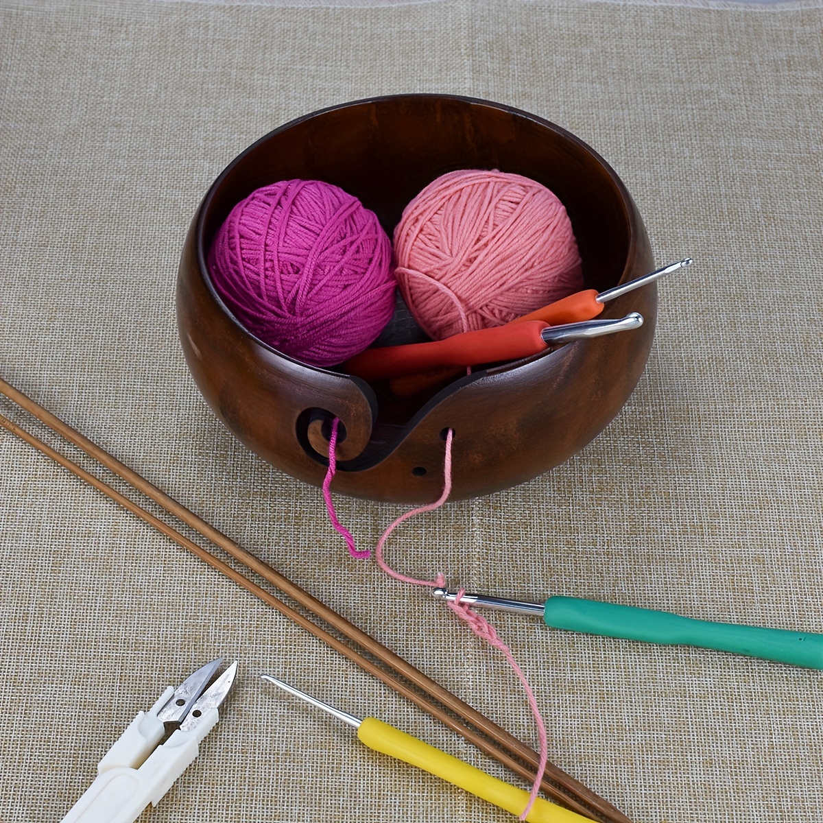 QJH Wooden Yarn Bowl Knitting Yarn Bowls with Holes Crochet Bowl