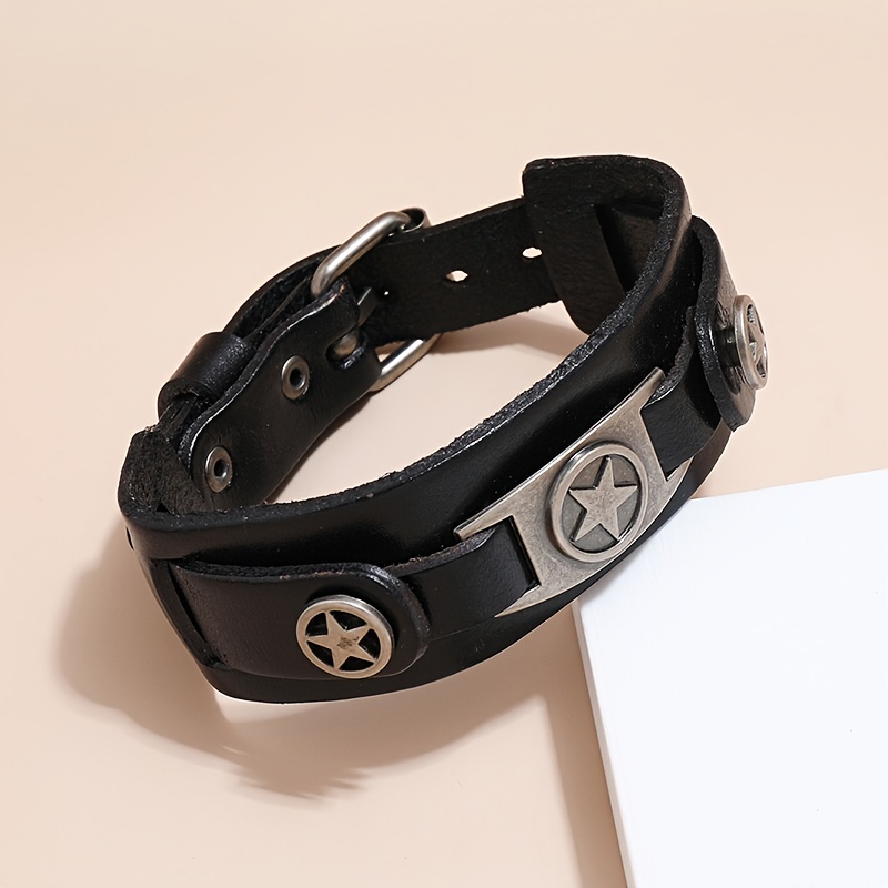 1pc pulsera de hombre de cuero   premium estilo punk rock con diseño de   estrellas de aleación de   - brazalete     para moda de tendencia, pulsera casual|joyería de declaració etalle de estrella   2