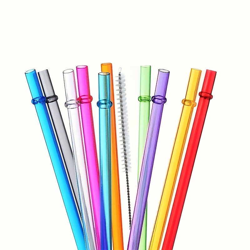 100pcs/set Double Color Threaded Ring Striped Hard Plastic Drinking Straws  With 2pcs Stainless Steel Cleaning Brushes, Mixed Colors