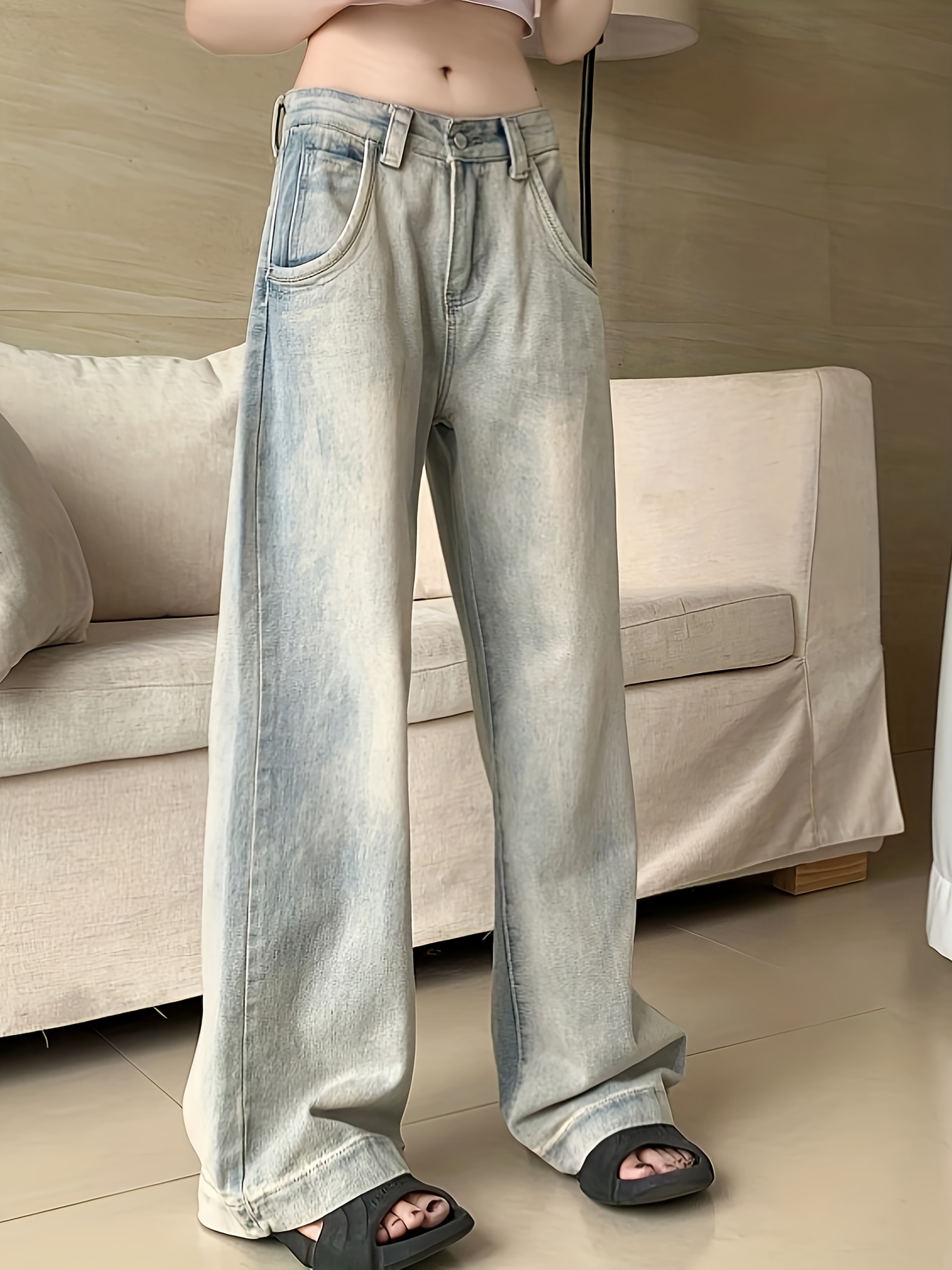 Grey Washed Wide Legs Jeans Loose Fit Slight stretch Slant - Temu