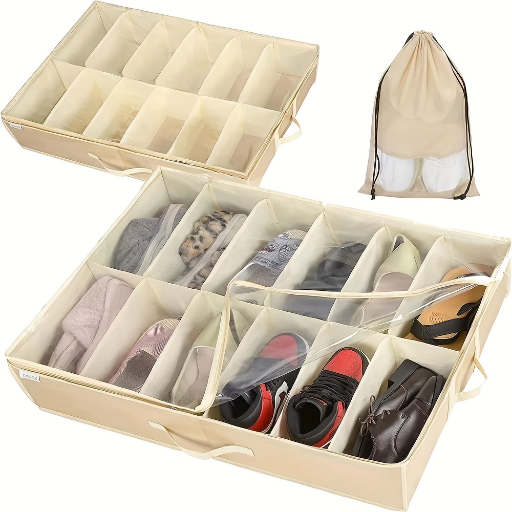 Under Bed Shoe Storage Organizer for Closet Fits 24 Pairs-Sturdy Underbed Shoe Containers Box Bedding Storage Organizador de Zapatos with Clear Cover