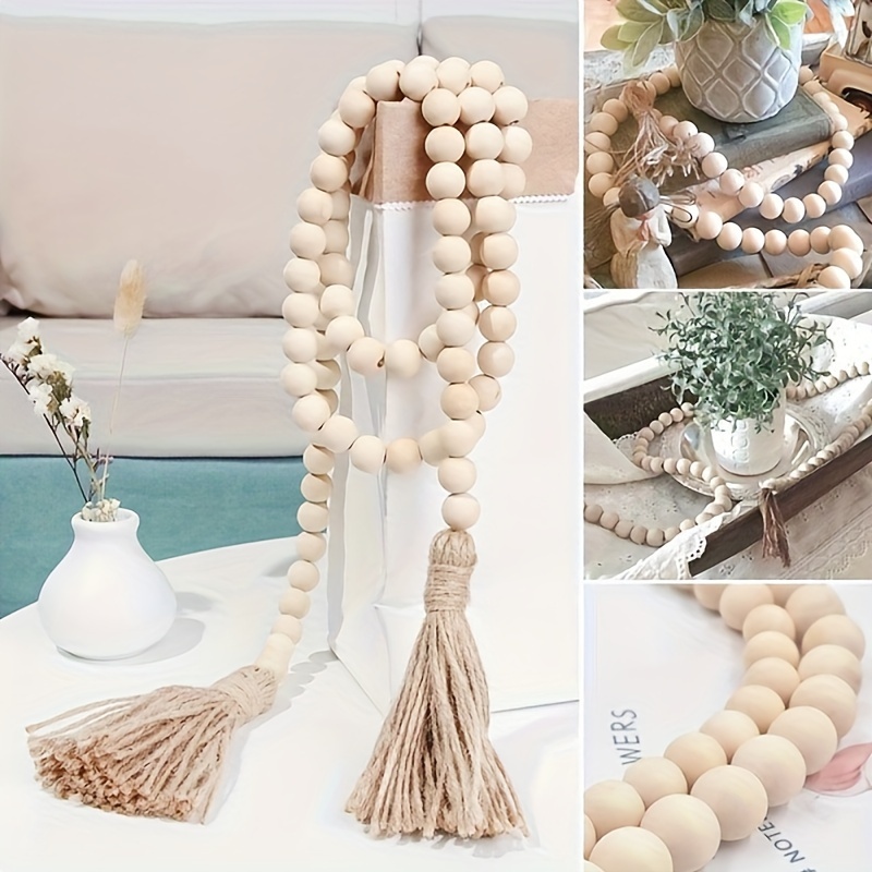 58 Wooden Beaded Wreath With Tassels Natural Prayer Wood Beaded Decorative  Beads For Modern Farmhouse Boho Decor Curtain Holder Rope Womb New