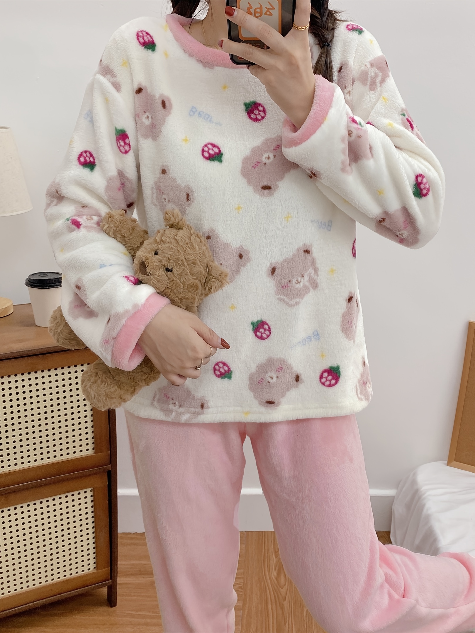 Ladies Pyjamas Cosy Warm Winter Pyjama Set Teddy Bear Long Sleeve