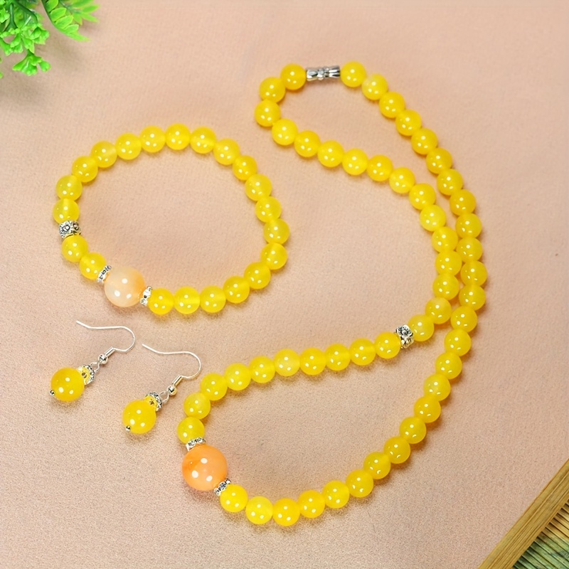 

Natural Yellow Agate Chalcedony Jewelry Set Bracelet Necklace Earrings Three-piece Set For Men