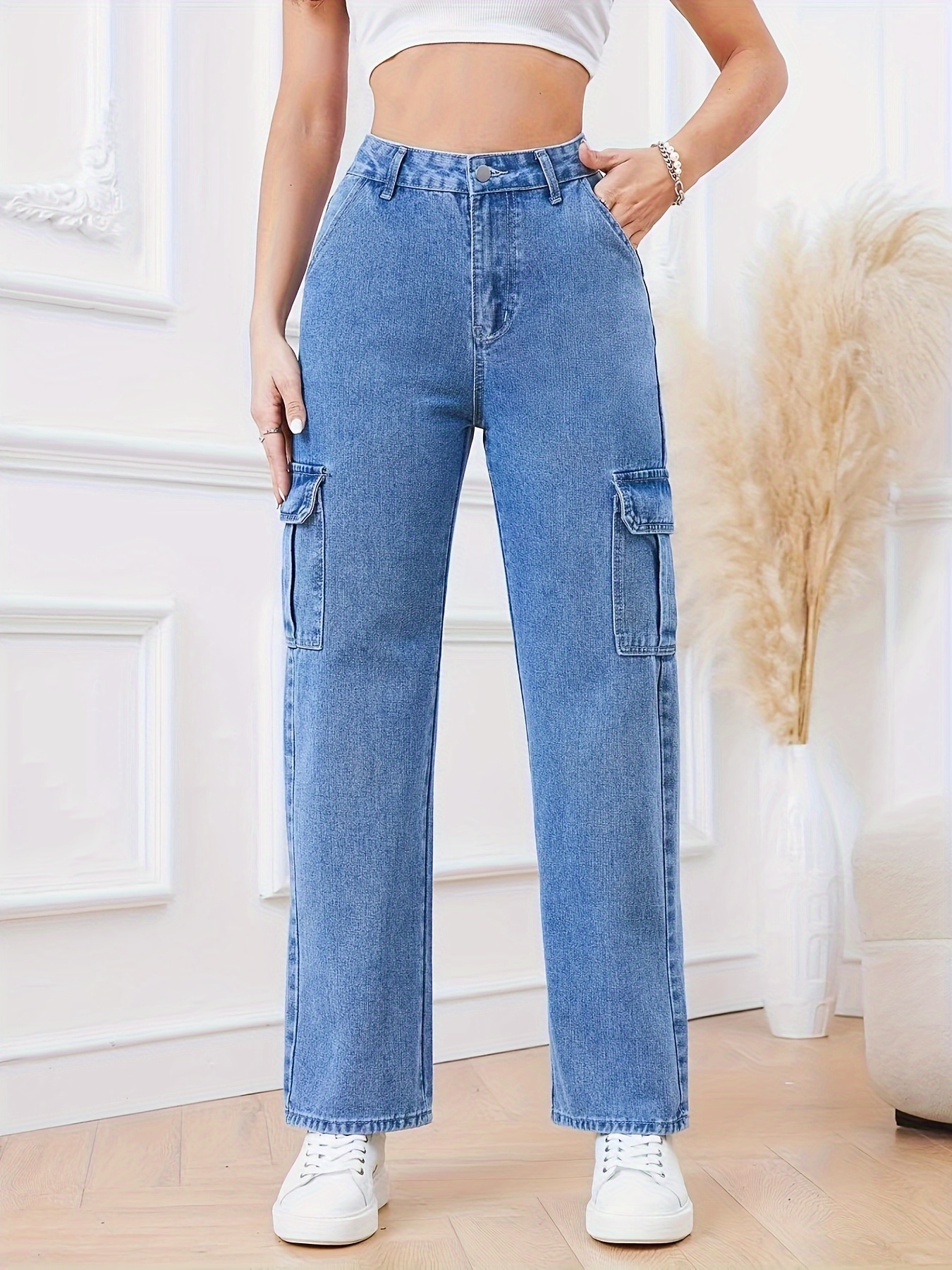 Blue Flap Pockets Straight Jeans Loose Fit High Waist Wide - Temu