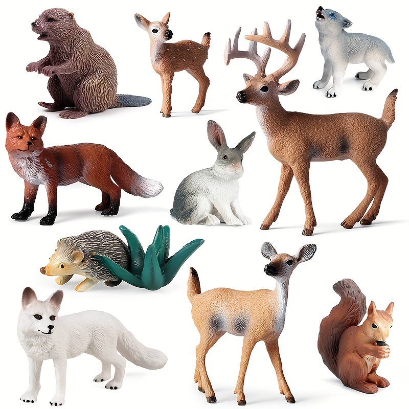 

10pcs Forest Animals Figures Miniature Woodland Animal Figurines Small Squirrel Beaver Fox Wolf Hedgehog Deer Family Educational Playset Toys Cake Toppers Kids Gift Birthday Party La Ferme