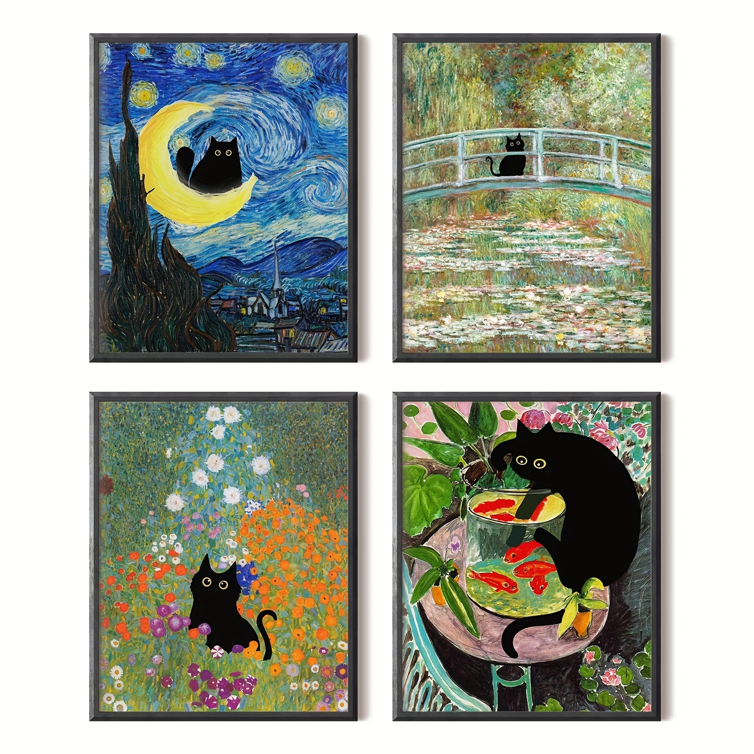 4pcs/set Funny Canvas Print Posters, Black Cat Canvas Wall Art Paintings,  Artwork Wall Painting For Living Room Bedroom Bathroom Office Hallway Kitche