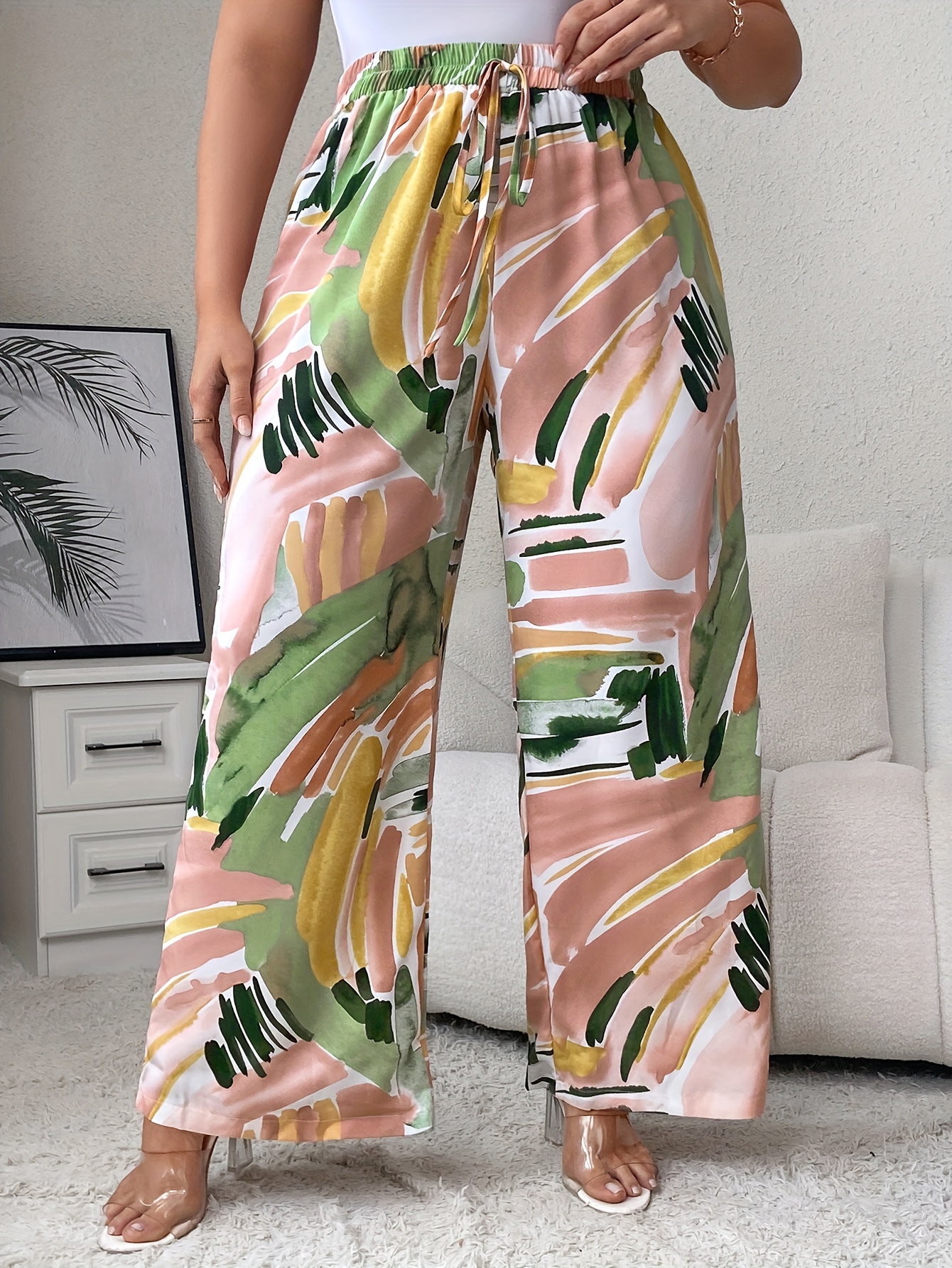 Plus Size Geometric Print High Wide Leg Pants Women's - Temu