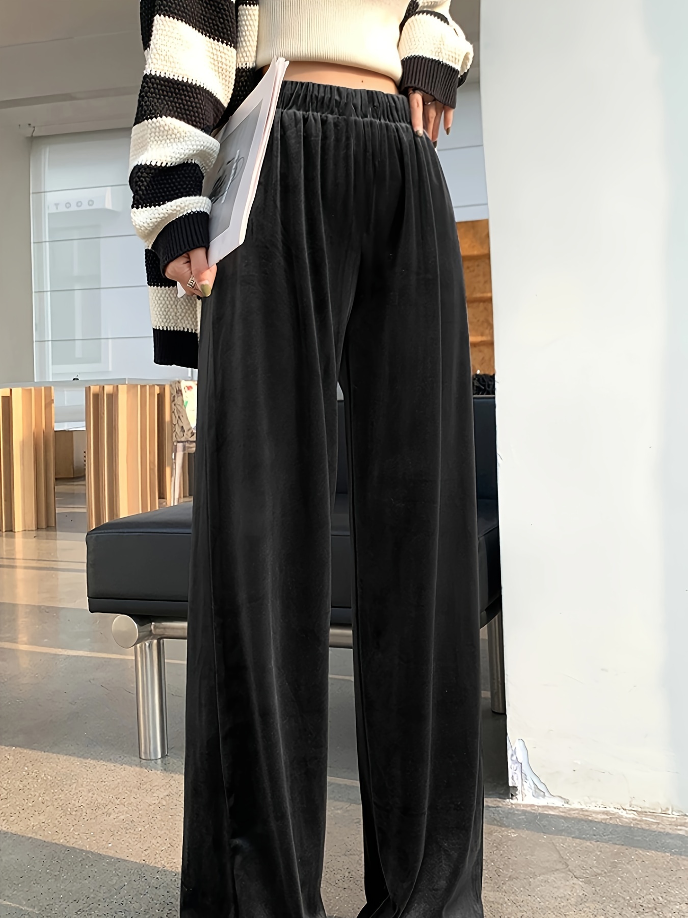 Solid Velvet Skinny Pants Elegant Elastic Waist Cozy Pants - Temu Canada