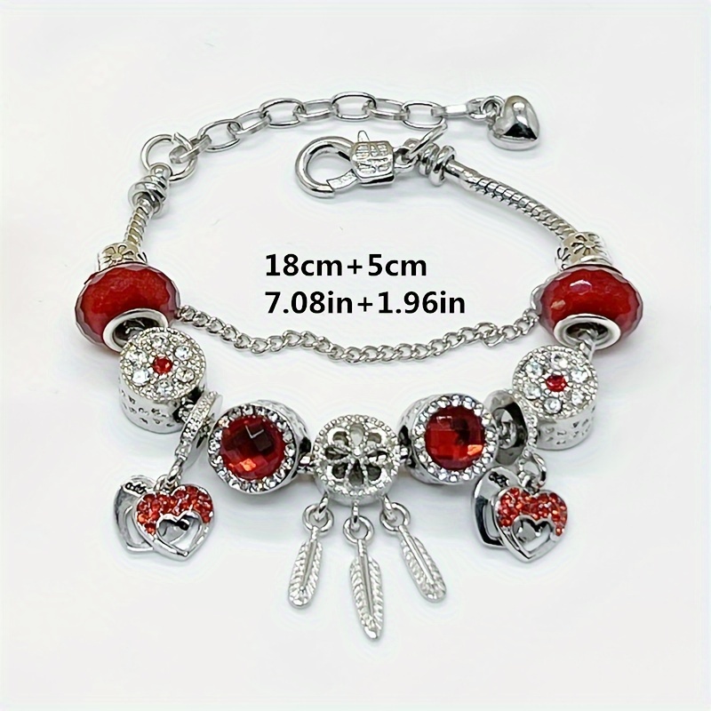 1pc Elegant Rhinestone Decor Beaded Bracelet, Red Heart Charm Alloy Bracelet, Valentine's Day Gift