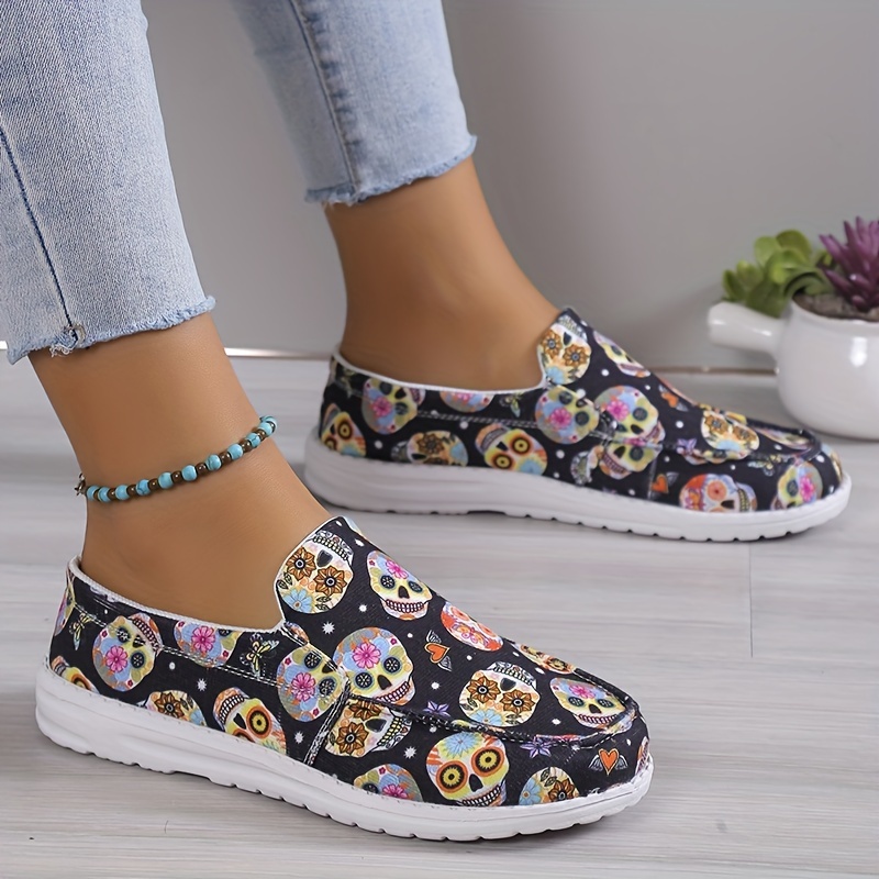 Colorful Skull Pattern Canvas Slip On Loafers Halloween Shoes