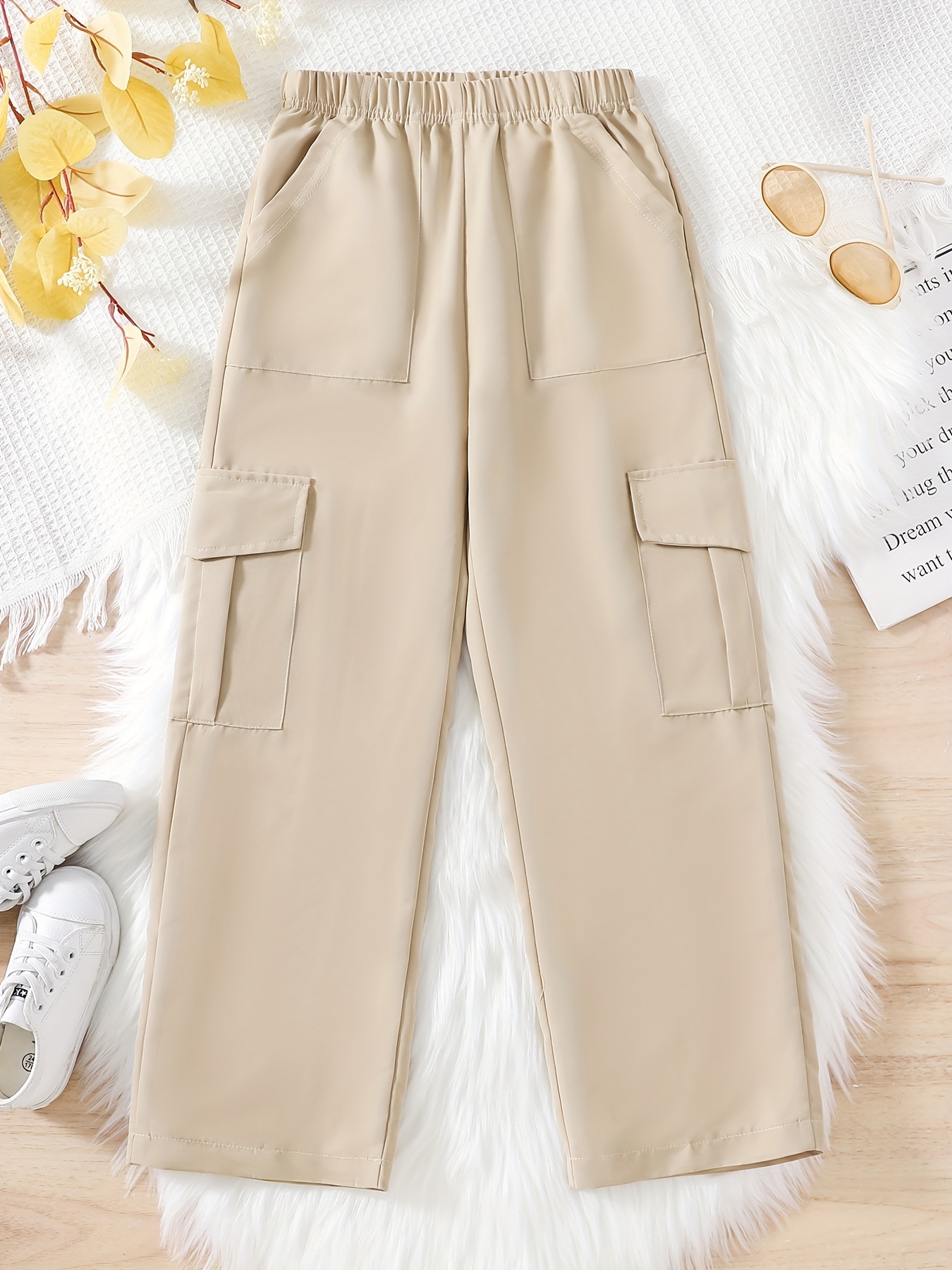 Girl Solid Trendy Side Pockets Cargo Pants Kids Comfy - Temu Germany