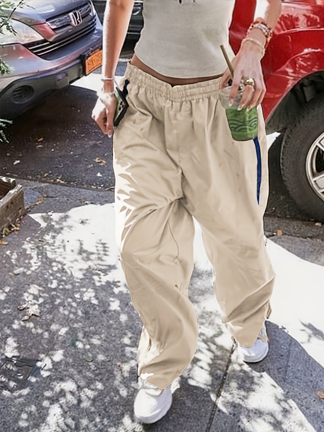 Fashionable Street Women Straight Cargo Pants Side Pocket Solid