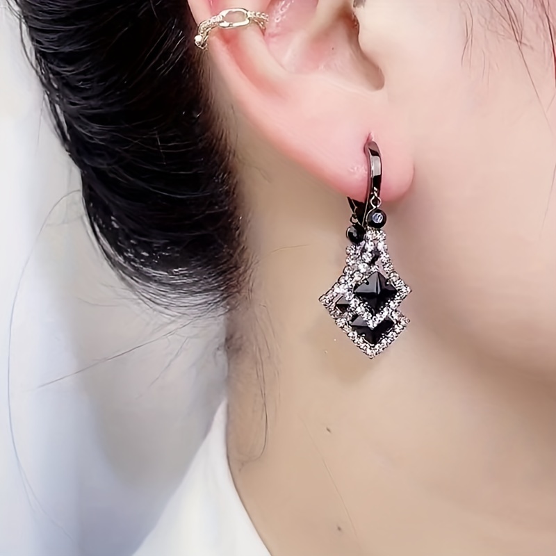 rhombus shape black-rhombus shape black zircon decor dangle earrings retro elegant style alloy jewelry versatile ornaments for women girls 2